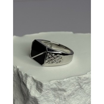 925 Sterling Silver Black Enamel & CZ Men's Ring Size 11