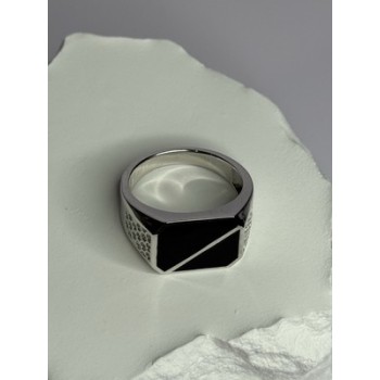 925 Sterling Silver Black Enamel & CZ Men's Ring Size 11