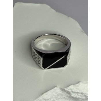 925 Sterling Silver Black Enamel & CZ Men's Ring Size 11