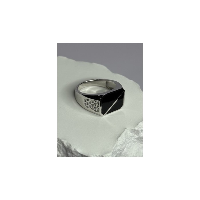 925 Sterling Silver Black Enamel & CZ Men's Ring Size 11