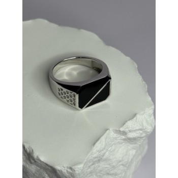 925 Sterling Silver Black Enamel & CZ Men's Ring Size 11
