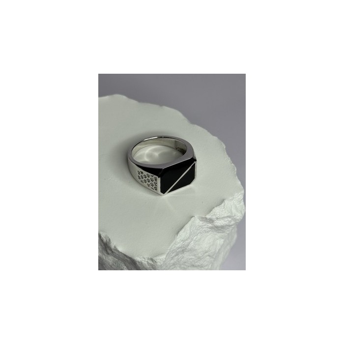 925 Sterling Silver Black Enamel & CZ Men's Ring Size 11