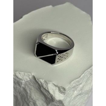925 Sterling Silver Black Enamel & CZ Men's Ring Size 11