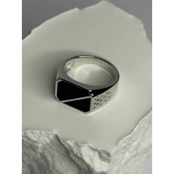 925 Sterling Silver Black Enamel & CZ Men's Ring Size 11
