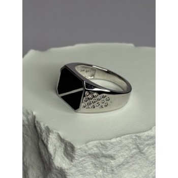 925 Sterling Silver Black Enamel & CZ Men's Ring Size 11