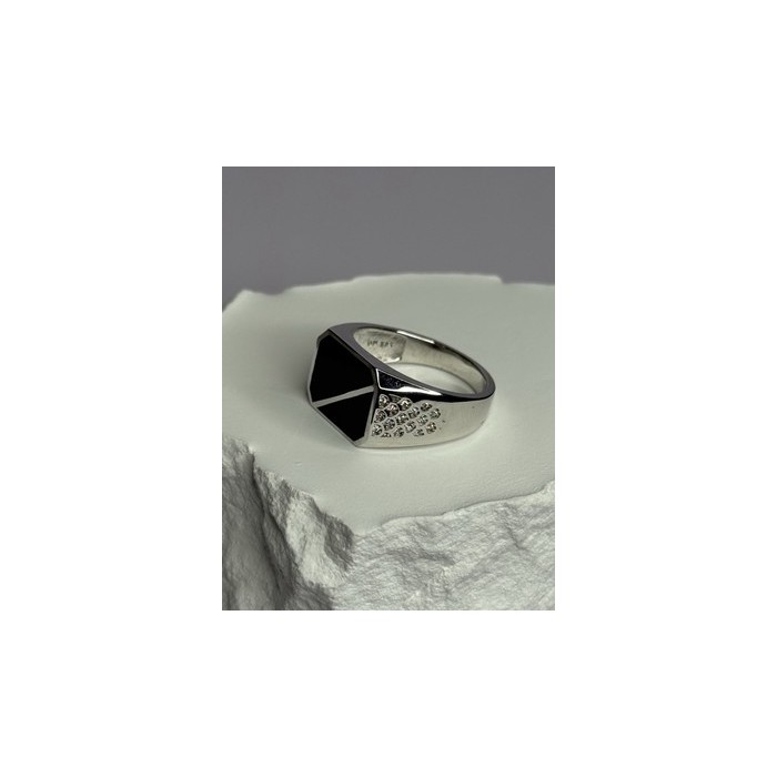 925 Sterling Silver Black Enamel & CZ Men's Ring Size 11