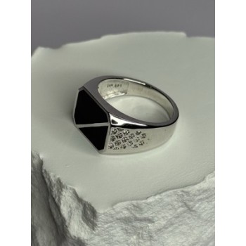 925 Sterling Silver Black Enamel & CZ Men's Ring Size 11
