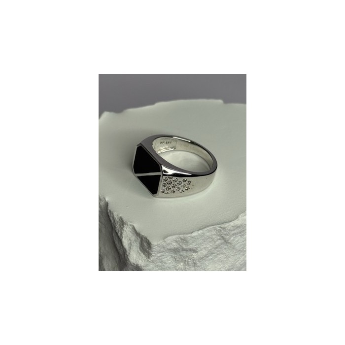 925 Sterling Silver Black Enamel & CZ Men's Ring Size 11