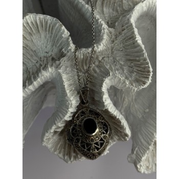 Vintage 925 Sterling Silver Open Locket Onyx & Marcasite Necklace 18 Inch