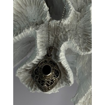 Vintage 925 Sterling Silver Open Locket Onyx & Marcasite Necklace 18 Inch