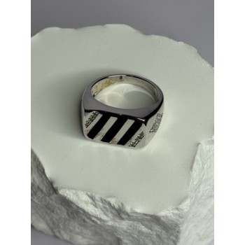 925 Sterling Silver Black Enamel & CZ Men's Ring Size 11