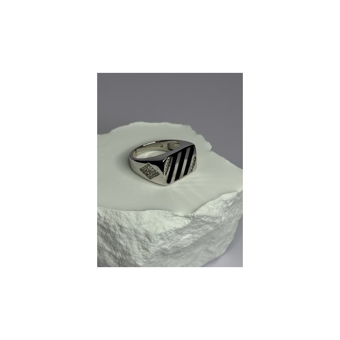 925 Sterling Silver Black Enamel & CZ Men's Ring Size 11