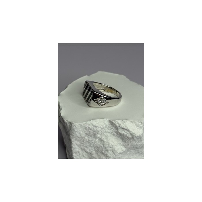 925 Sterling Silver Black Enamel & CZ Men's Ring Size 11