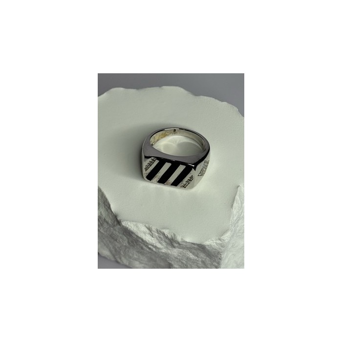 925 Sterling Silver Black Enamel & CZ Men's Ring Size 11