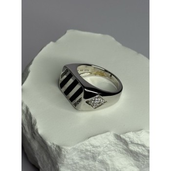 925 Sterling Silver Black Enamel & CZ Men's Ring Size 11