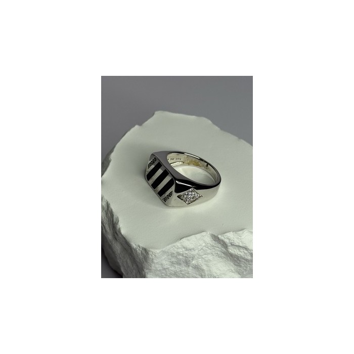 925 Sterling Silver Black Enamel & CZ Men's Ring Size 11
