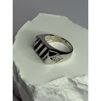 925 Sterling Silver Black Enamel & CZ Men's Ring Size 11