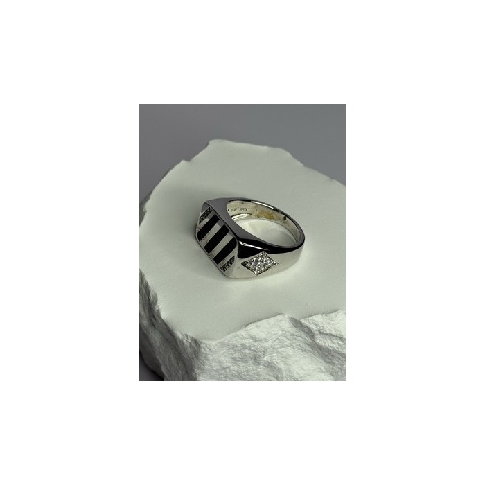 925 Sterling Silver Black Enamel & CZ Men's Ring Size 11