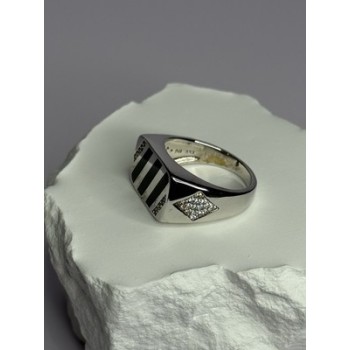 925 Sterling Silver Black Enamel & CZ Men's Ring Size 11