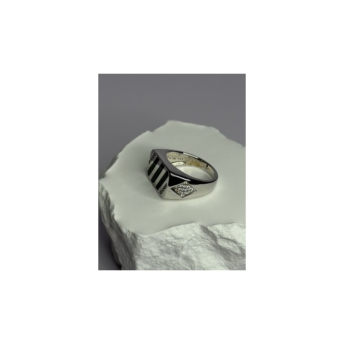 925 Sterling Silver Black Enamel & CZ Men's Ring Size 11