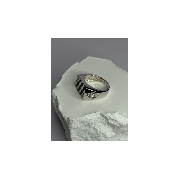 925 Sterling Silver Black Enamel & CZ Men's Ring Size 11