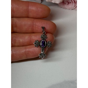 925 Sterling Silver Amethyst & Marcasite Cross Length 1.3 In