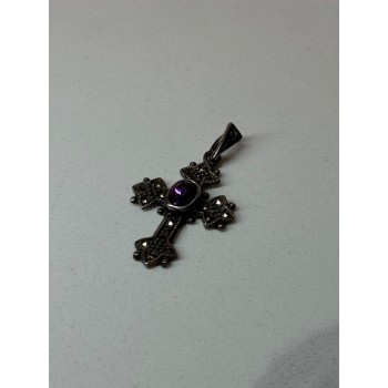 925 Sterling Silver Amethyst & Marcasite Cross Length 1.3 In