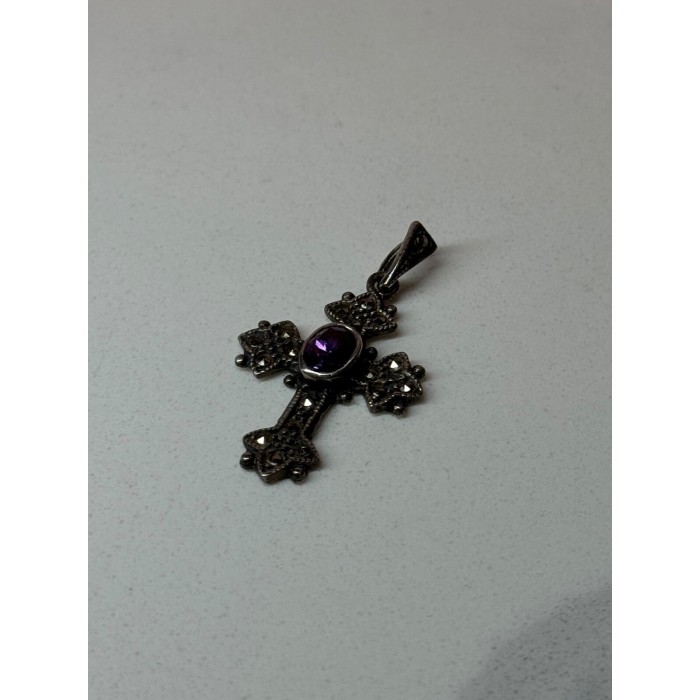 925 Sterling Silver Amethyst & Marcasite Cross Length 1.3 In