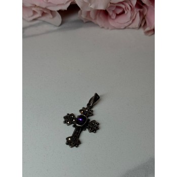 925 Sterling Silver Amethyst & Marcasite Cross Length 1.3 In
