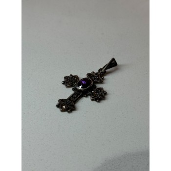 925 Sterling Silver Amethyst & Marcasite Cross Length 1.3 In