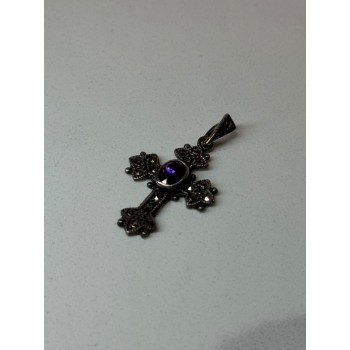 925 Sterling Silver Amethyst & Marcasite Cross Length 1.3 In