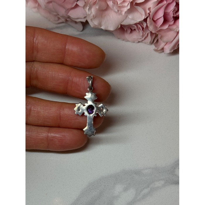 925 Sterling Silver Amethyst & Marcasite Cross Length 1.3 In