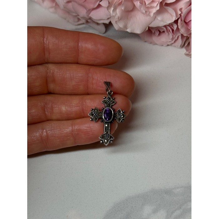 925 Sterling Silver Amethyst & Marcasite Cross Length 1.3 In