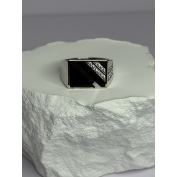 925 Sterling Silver Black Enamel & CZ Men's Ring Size 11