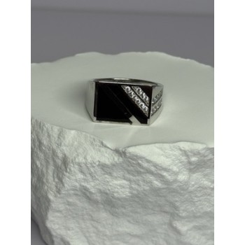 925 Sterling Silver Black Enamel & CZ Men's Ring Size 11