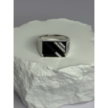 925 Sterling Silver Black Enamel & CZ Men's Ring Size 11