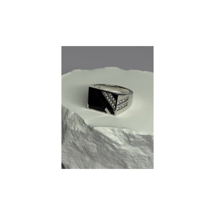 925 Sterling Silver Black Enamel & CZ Men's Ring Size 11