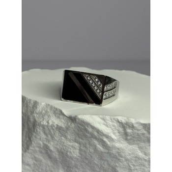 925 Sterling Silver Black Enamel & CZ Men's Ring Size 11