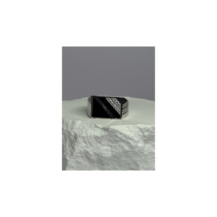 925 Sterling Silver Black Enamel & CZ Men's Ring Size 11