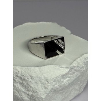 925 Sterling Silver Black Enamel & CZ Men's Ring Size 11