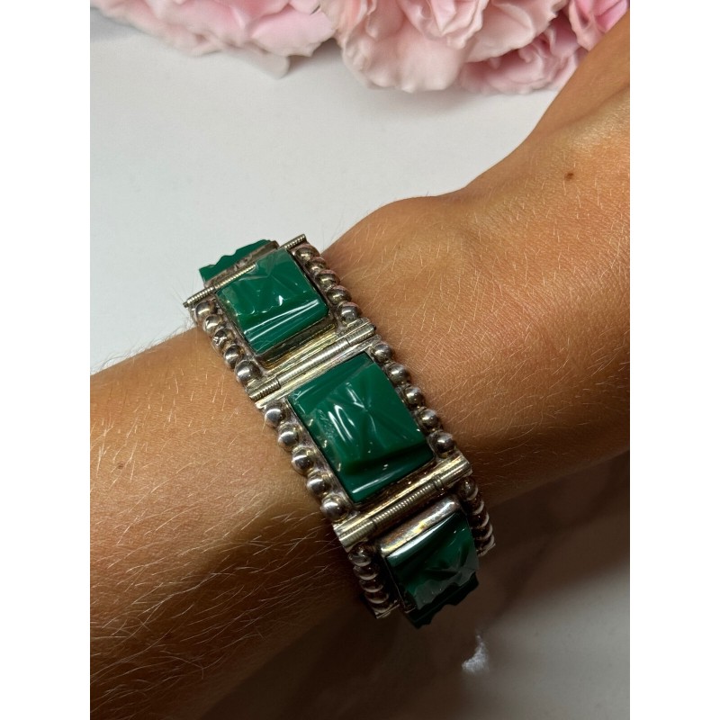 VINTAGE 925 STERLING SILVER GREEN JADE BRACELET LENGTH 7 in
