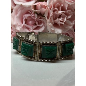 VINTAGE 925 STERLING SILVER GREEN JADE BRACELET LENGTH 7 in
