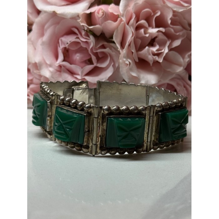 VINTAGE 925 STERLING SILVER GREEN JADE BRACELET LENGTH 7 in