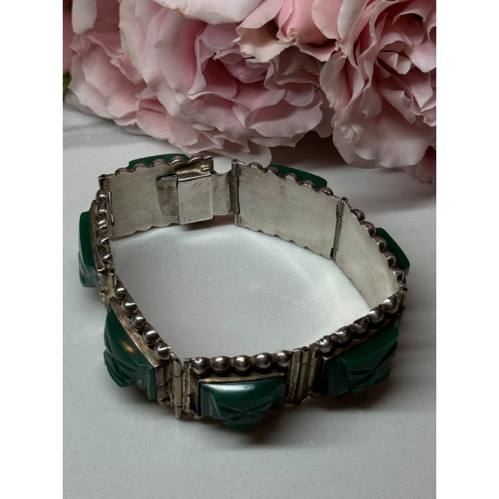 VINTAGE 925 STERLING SILVER GREEN JADE BRACELET LENGTH 7 in