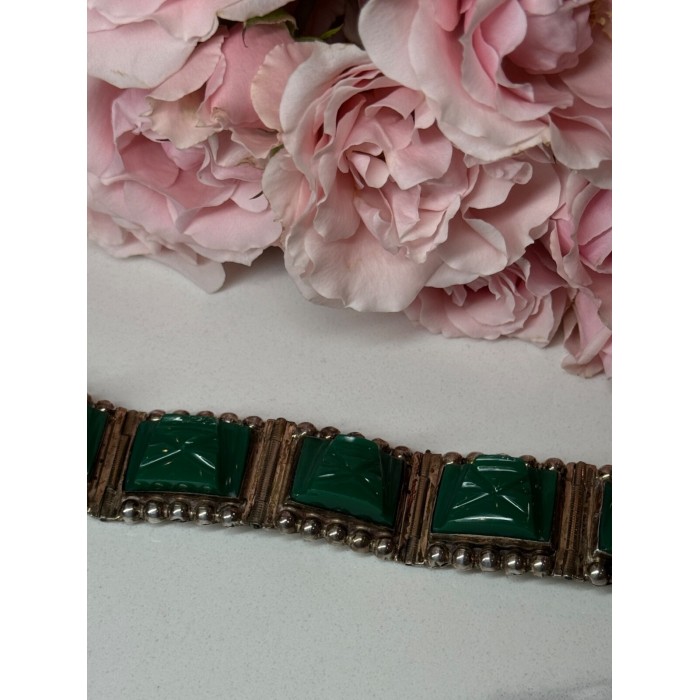 VINTAGE 925 STERLING SILVER GREEN JADE BRACELET LENGTH 7 in