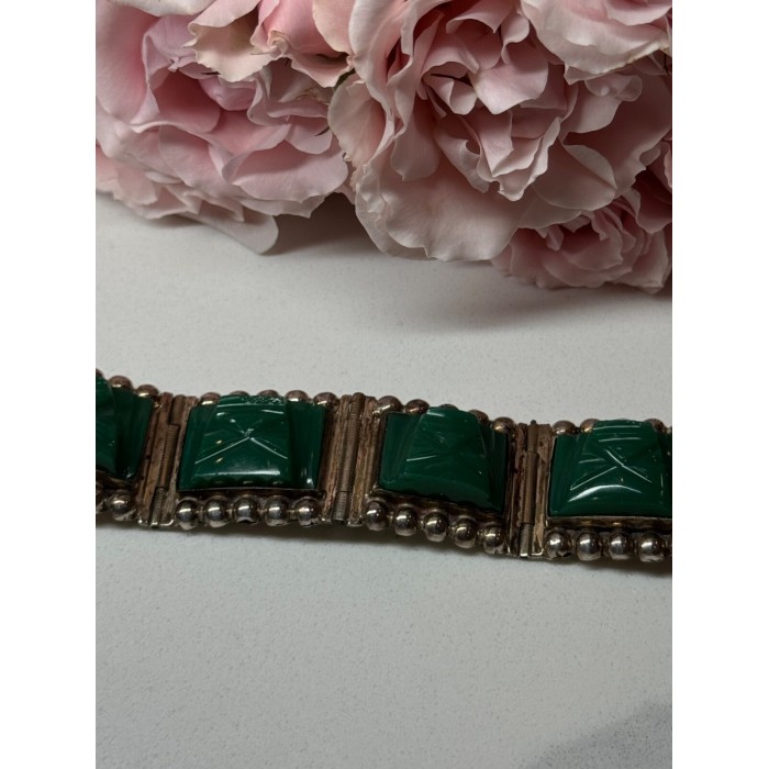 VINTAGE 925 STERLING SILVER GREEN JADE BRACELET LENGTH 7 in