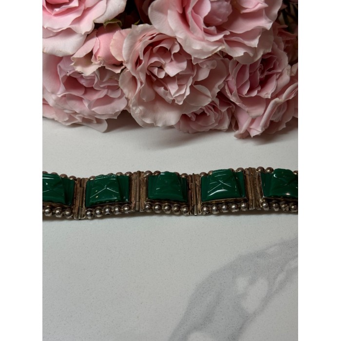 VINTAGE 925 STERLING SILVER GREEN JADE BRACELET LENGTH 7 in