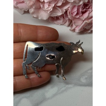 925 Sterling Silver Cow Brooch Length 2.5 In