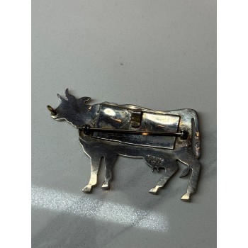 925 Sterling Silver Cow Brooch Length 2.5 In