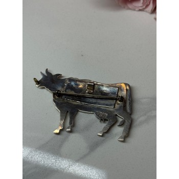 925 Sterling Silver Cow Brooch Length 2.5 In
